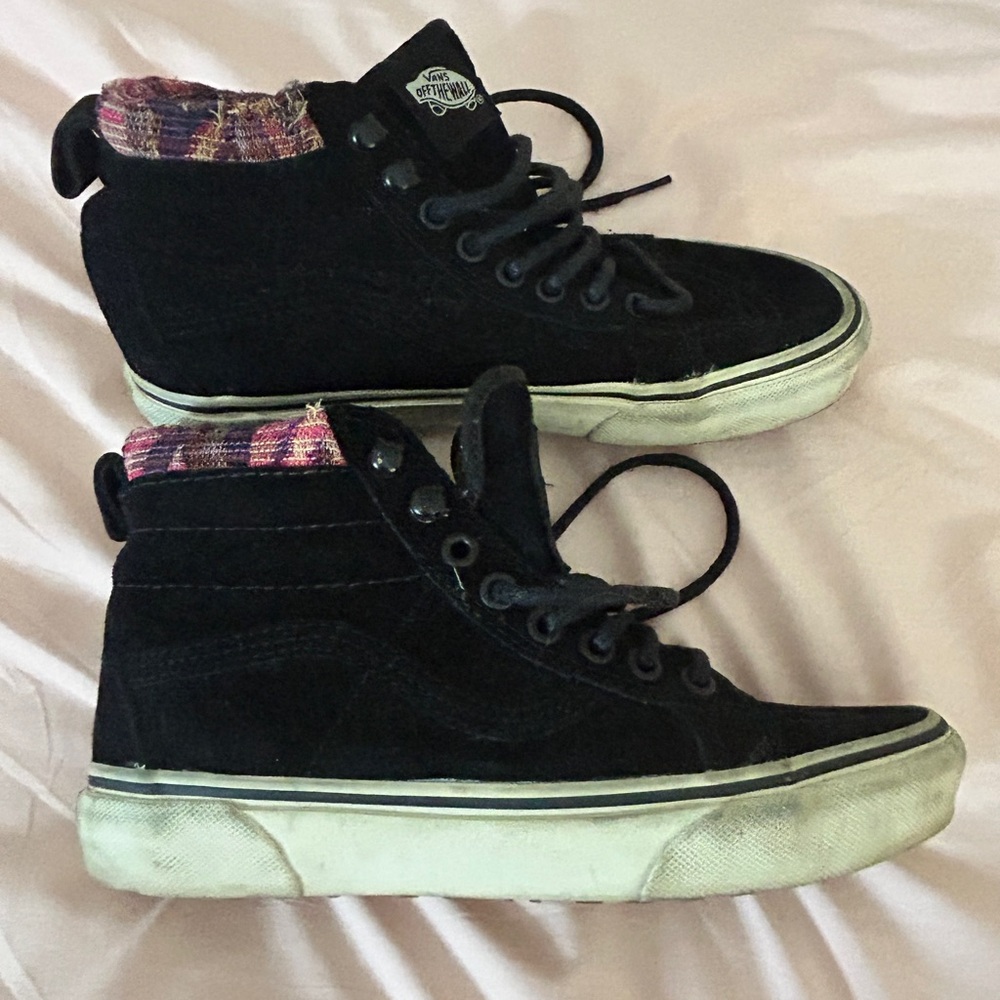 Vans Black High-Top Sneakers with Pink Plaid Collar